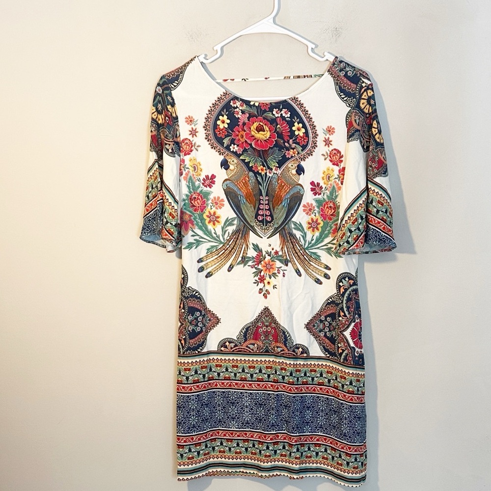 FARM Rio White Mini Dress with Multicolor Floral & Bird Print